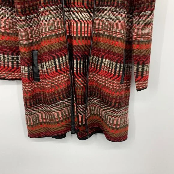 Rafaella Cardigan Red Black Faux Leather Trim Open Front - Picture 5 of 10